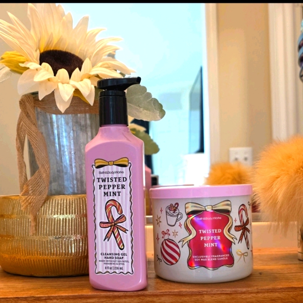 Bath & Body Works Twisted Peppermint 2-Piece Set — 3-Wick Candle + Gel Hand Soap